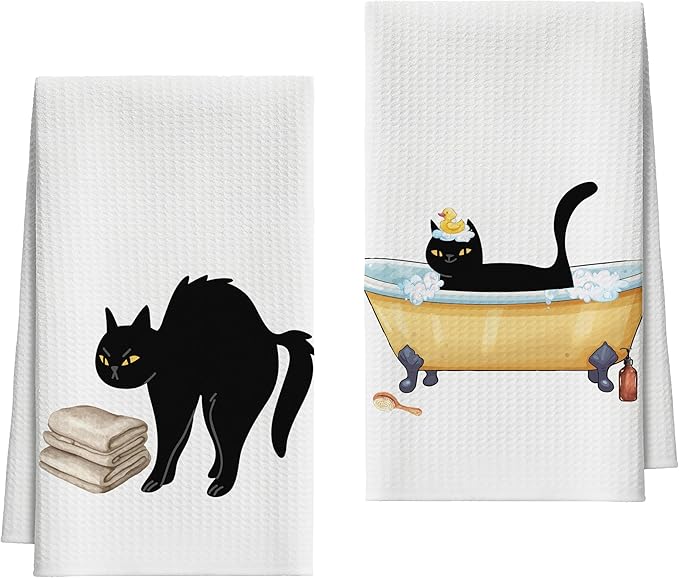Bath Towels Set of 2, Cute Bathing Black Cat Dish Towel for Bathroom Spa Kitchen, Decorative Hand Towels, Fast Drying Tea Towel, Housewarming Xmas Gifts for Cat Lover Women Mom -B28