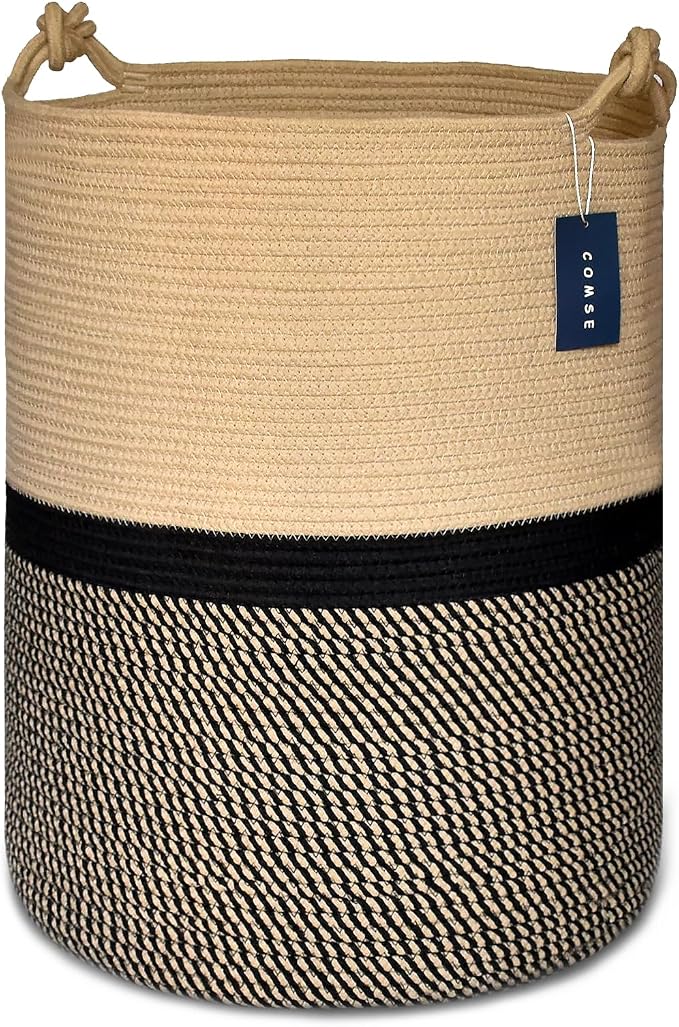 COMSE Tall Woven Blanket & Laundry Basket, 72L, Blend Brown & Black | 15.7”x 21.7”, Cotton Rope, Large Nursery Hamper for Storage of Toys Clothes Towels, Great for Living Rooms Bedrooms Bathrooms