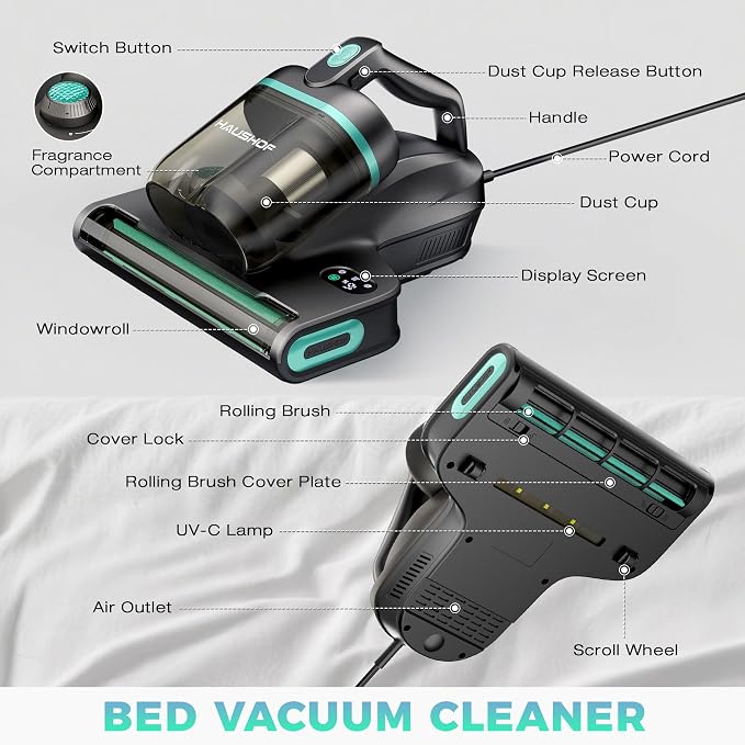 HAUSHOF Mattress Vacuum Cleaner, 15Kpa Bed Vacuum Cleaner | 275nm UV-C Light, 140°F Heat, Aromatherapy, HEPA Filter, Dual Dust Cups, Versatile Handheld Vacuums for Bed, Sofa, Couch
