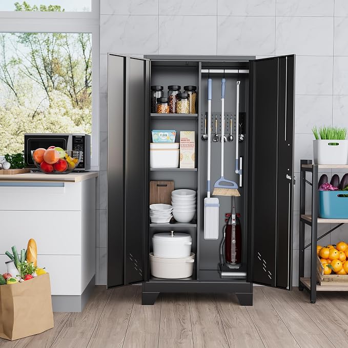 61" Metal Storage Cabinet with Lockable Doors, Cleaning Supply Cabinet with Pegboard and Hanging Rod. Garage Tool Storage Cabinets for Home, Laundry, Office, Home Kitchen Utility Cabinet