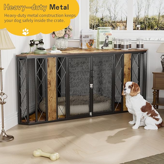 Spacesea Extra Large Corner Dog Crate Furniture, Heavy Duty Indoor Dog Kennel, End Table & TV Stand in 1, Chew-Proof Metal, Retro Brown Wood Panels, Space Saving Large Breed Dog Cage for Living Room