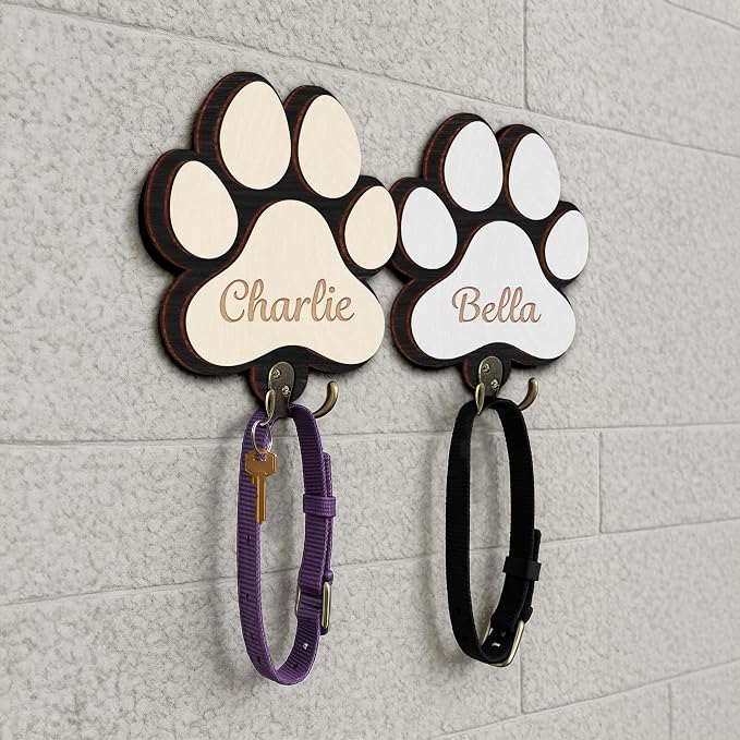 Personalized Dog Leash Holder, Custom Dog Paw Harness Wall Hanger Organizer with Name, Decorative Hooks for Leashes, Keys, Collars, Leash Rack Wall Mount for Entryway, Hallway, Gift for Pet Lovers
