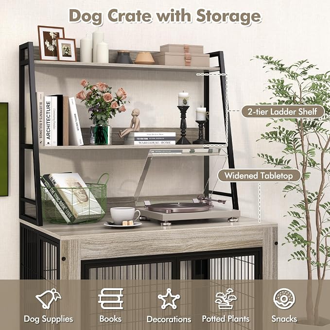 PETSITE Portable Dog Crate Furniture with Storage Shelves, 59 Inch Wooden Dog Kennel with Flip-up Top, 3 Lockable Doors and Removable Tray, Ideal for Small to Medium Dogs (Grey)