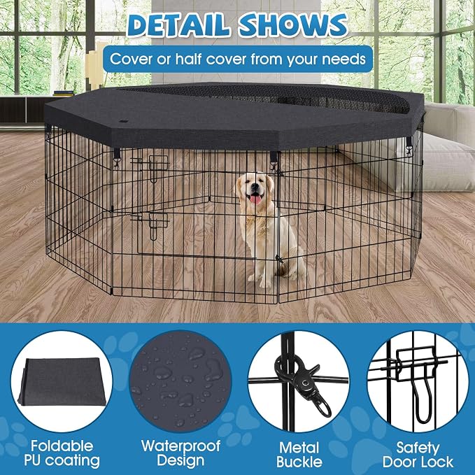 Artmalle Dog Playpen with Top Cover, 24 Inch Rustproof Fence with Door | Eight 24"W x 24"H rustproof metal panels with door and 600D Oxford octagonal top cover for indoor, outdoor and RV use.