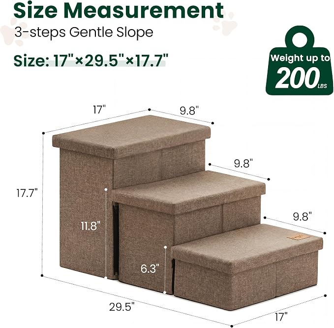 Love's cabin Dog Stairs for High Bed, Foldable Pet Stairs for Small Medium or Large Dogs Puppy with Storage for Bed or Couch, Cat Dog Steps Ramp with Zip up to 200 lbs, Light Brown, 3 Steps