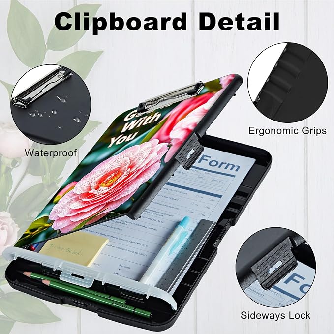 A4 Clipboard with Storage Pen Holder, Clipboards Organizer Nursing Clipboard Foldable File Folder Plastic Clipboard Folio Clip Board for Office Work Classroom Doctor, Pink Peony