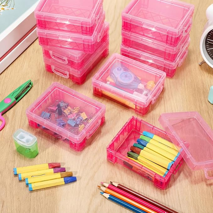 Suzile 50 Pcs Plastic Crayon Box with Lid 4.8 x 3.4 x 1.6 In Crayon Storage Containers Bulk for Office School Classroom Supplies Pen Pencil Art Crafts(Pink)
