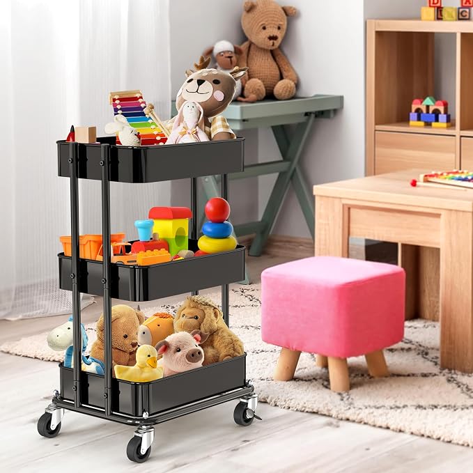 Simple Houseware 3-Tier Utility Cart, Low 24" Height Fits Under Desk, Black | Compact & Lower Height Great for Under-Desk Space-Saving Storage for Home Office, Dining Room, or Kitchen