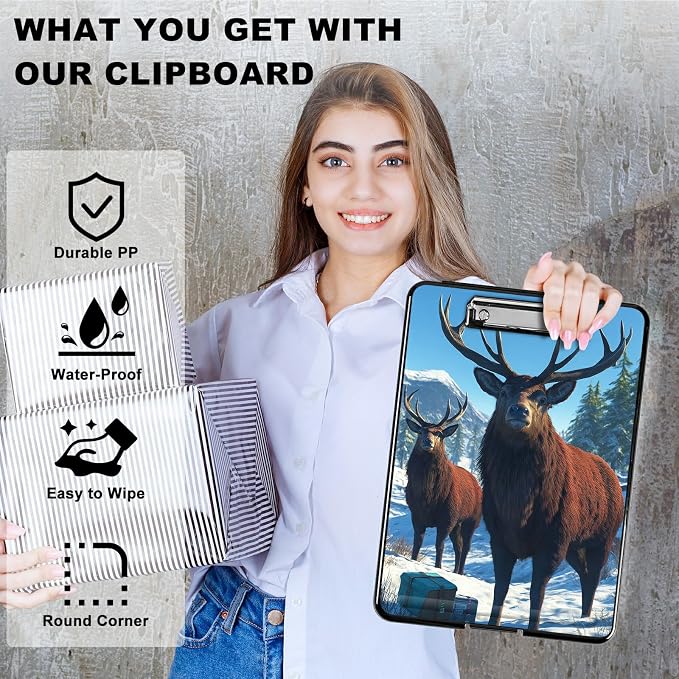 Heavy Duty Storage Clipboard, Slim Nursing Clipboard with Internal Pen Case, Portable File Organizer Case for A4 Letter Size Paper Office Medical Professionals, Snow Mountain Deer
