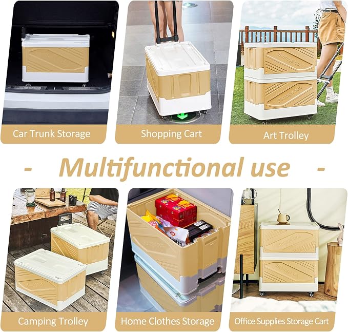 XCBYT 50L Foldable Rolling Crate, Storage Cart with Wheels, Light Yellow | Spacious 50L capacity offers lots of room for groceries, tools or moving. Easy to assemble and folds flat for quick storage