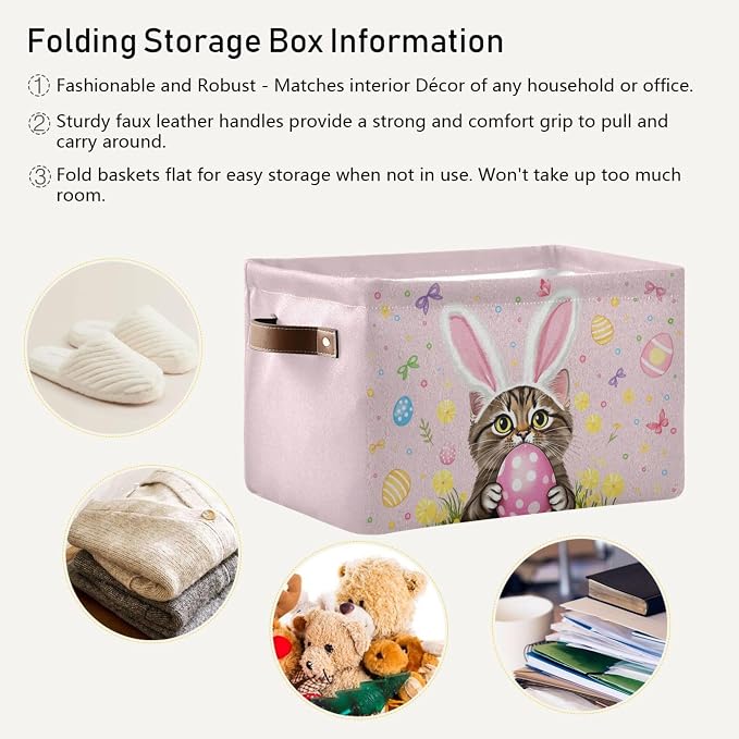 Pink Easter Bunny Rabbit Storage Basket with Waterproof Liner and PU Handles Happy Easter Day Eggs Lily Flowers Storage Bins Boxes 14.2" Collapsible Decorative Organizer Baskets for Closet 1 Pack