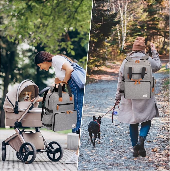 Modoker Dog Travel Backpack Set with 2 Food Bags, 2 Bowls and 1 Mat, Grey | Water-Resistant Oxford Fabric | Roomy Main Compartment | Multiple Functional Pockets | Stroller Strap | Leak-Resistant Lining