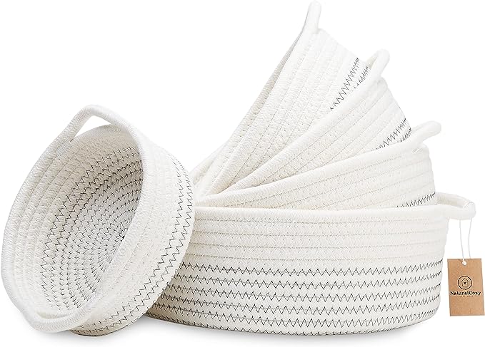 NaturalCozy 5-Piece Round Woven Cotton Rope Storage Baskets for Organizing, Small Shallow Nesting Set for Montessori Toys, Entryway Catchall, Fruit Bowl, Key Tray, Remote Holder, Nursery & Pet Toys