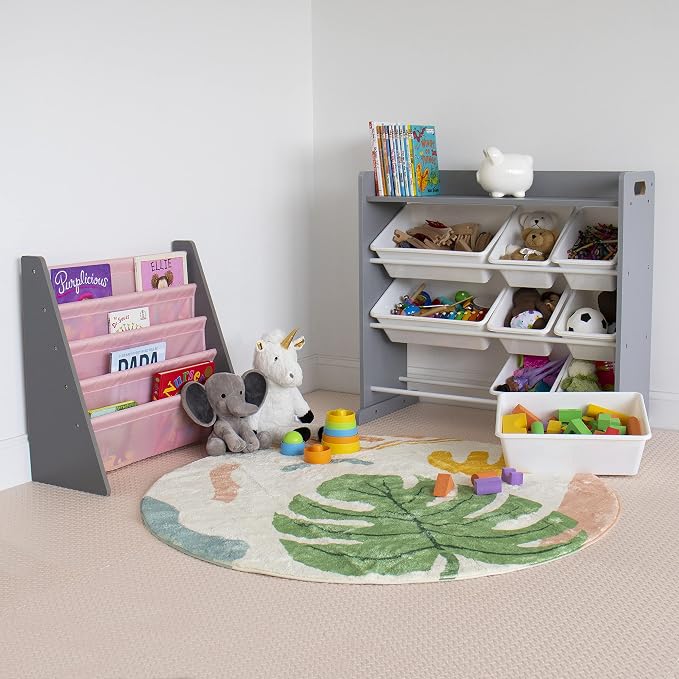 Humble Crew Kids Toy Organizer with Display Shelf, 9 Bins, 3 Tier Storage | Sturdy wood and steel toddler shelf, removable BPA-free containers, wall anchor anti-tip safety kit for bedroom or classroom