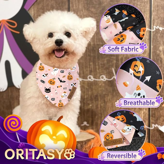 Pink Halloween Dog Bandanas, Cute Ghost 2-Pack Triangle Reversible Pet Scarves, Premium Fabric, Pumpkin Bandana for All Boys Girls Dogs (Large, Style 3)