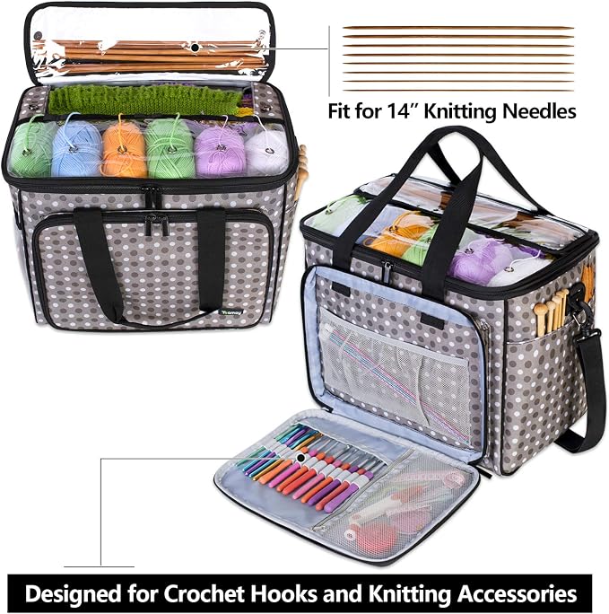 Teamoy Knitting Bag, Yarn Storage Organizer Crochet Bag Tote, Gray Dots | Yarn Holder with Inner Divider(Sewn to Bottom) for Crochet Hook, Knitting Needles(Up to 14"), Project and Crocheting Supplies