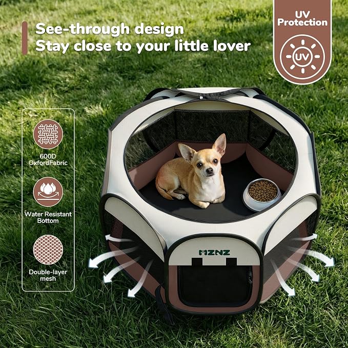 Dog Cat Small Animal Puppy Playpen Crate, Small, Brown | Portable Pop Up Pet Cage Enclosure Tent Kennel Indoor Outdoor with Carrying Case, No Assembly, Camping Use