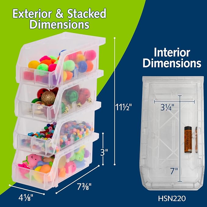 Small Stackable Plastic Storage Bins, 12-Pack, Clear | Open-Front Stackable Bins For Garage, Pantry, Closet & Office, 7"L X 4"W X 3"H, Nests When Empty, Durable Plastic