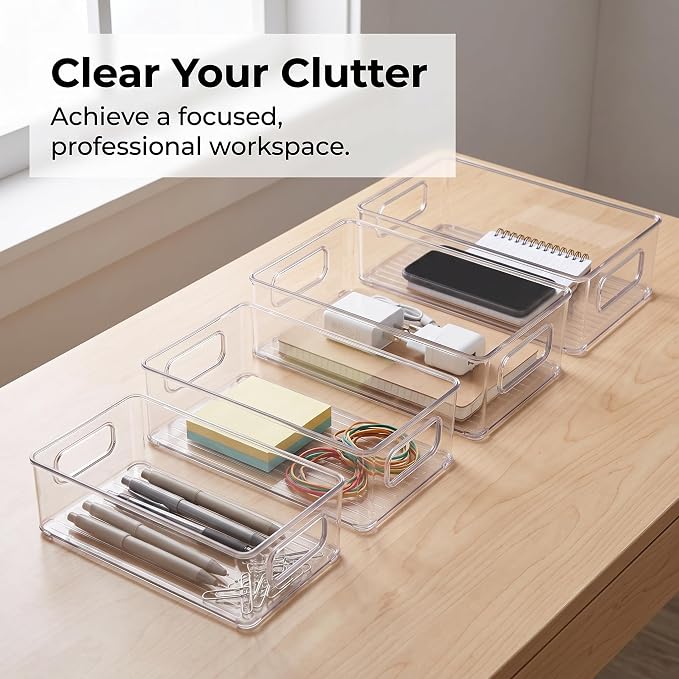Simhoa PET Storage Box Acrylic Organizer Container Holder Case Stackable Clear Construction for Cosmetics Bottles Jewelry Pieces Small Supplies Easy Cleaning, Transparent, Extra Large (32x23x13cm)