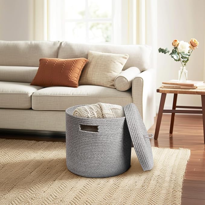 Storage Basket with Lid, Woven Blanket Storage for Living Room, Soft Cotton Rope Bin with Lid, Round Wicker Laundry Basket with Cover, Lidded Kid Dog Toy Box, Nursery Organizer, 15"x13", Gray