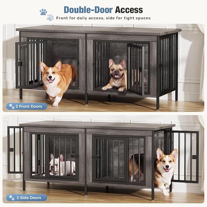 DUMOS 54" Dog Crate Furniture for 2 Dogs with Divider, Gray Wood Grain | Wooden Dog Kennel Furniture, Small Breed Center Divider and Double Doors, Heavy Duty Indoor Dog Cage, TV Stand, Side Table