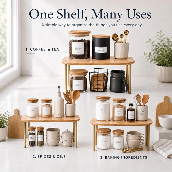 Ibyx Shelves Organizer Set of 2 - Kitchen Cabinet Organizers and Pantry Storage - Bamboo Top & Brass-Effect Metal Legs - Stackable Shelves for Kitchen Counter & Cabinets with 22 lb Capacity - Brown
