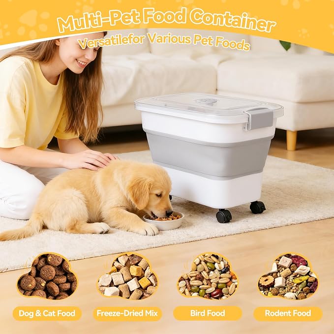 Dog Food Storage Container 25-30lbs, Airtight Pet Food Bin with Transparent Lid, Collapsible Design with Rolling Wheels & Scoop, Space-Saving, Light Gray