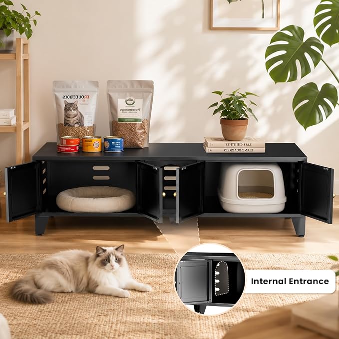 Cat Litter Box Enclosure for 2 Cats, 58" Long Metal Pet House Washroom Dog Proof Furniture, Double Hidden Little Box Cabinet, Living Room TV Stand Table, Indoor Cat House, Assembly Required