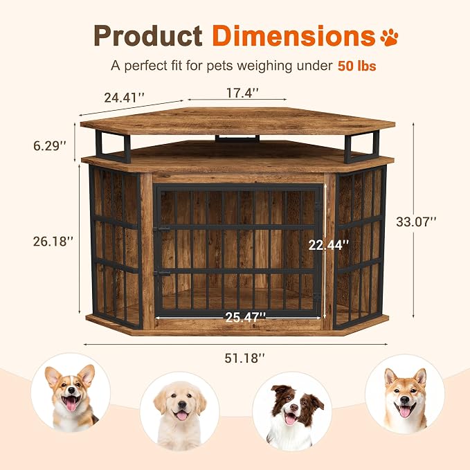 51" Corner Dog Crate Furniture Large Wooden Dog Kennel Indoor Dog House | With 2-Tier Shelves, Large Storage Space, Space-Saving Design, Multi-functional Pet House, Sturdy & Secure, Easy Assembly