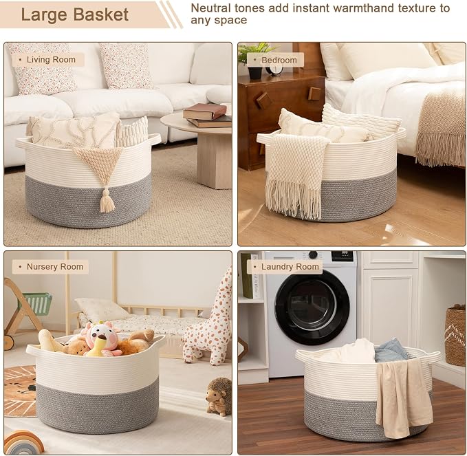 OIAHOMY 90L XXXLarge Blanket Basket for Living Room, 21.7" x 13.8" Woven Cotton Rope Laundry Basket for Organizing Pillows, Decorative Stuffed Animal Toy Storage for Nursery, White and Light Grey