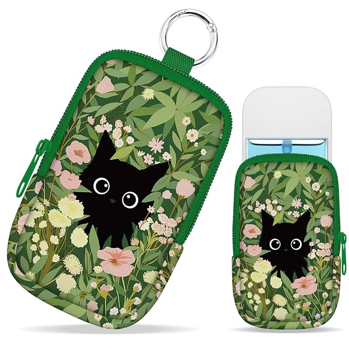 Hand Sanitizer Holder, Black Cat Garden Spray Case Zippered Pouch | Keychain, Travel Size, Cute Fashion Accessory with Snap Hook, for Glow Mist and Power Mist 1FL OZ, Mini Small Pocket Clip on