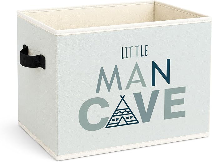 Little Man Cave Storage Bin, Foldable Fabric Basket for Boys Nursery | Foldable fabric storage bin with little man cave design for toys, books, clothes, nursery, bedroom, and playroom use.