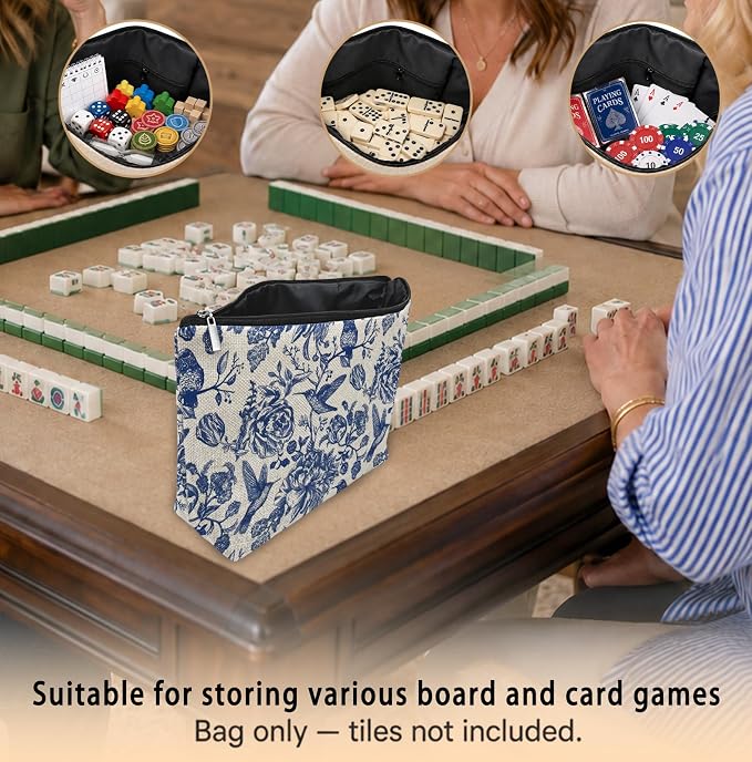 Blue and White Chinoiserie Empty Mahjong Tile Bag 13x7.8 Inch | Floral Bird Printed Portable Travel Case Organizer Zipper Pouch for American Mahjong Tiles Game Night Accessories and Gifts