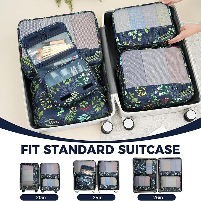BAGAIL 9 Set Packing Cubes with Packing List Luggage Packing Organizers for Travel Accessories (Navy leaf)