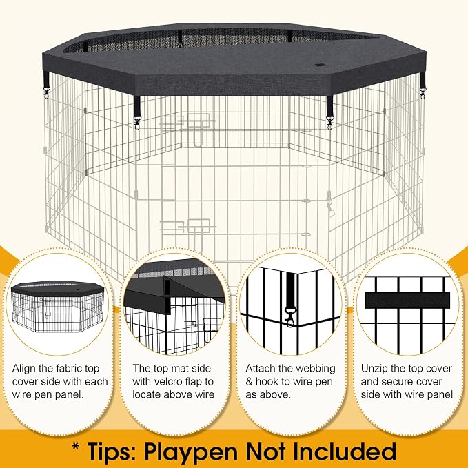 Artmalle Dog Playpen Top Cover Only, 8-Panel 24-Inch Octagonal Mesh, Black | 600D Oxford and breathable mesh top cover adds shade and an overhead barrier for indoor or outdoor pet play areas.