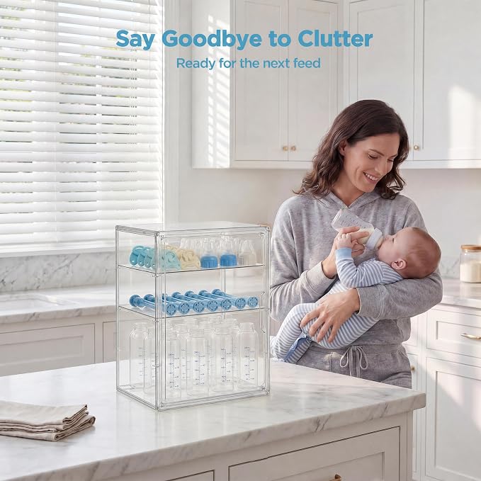 HBlife Baby Bottle Storage Organizer for Countertop Cabinet, 3 Tiers Adjustable Clear Acrylic Bottles Storage Station Case Box Container with 2 Removable Dividers and Magnetic Door, Large