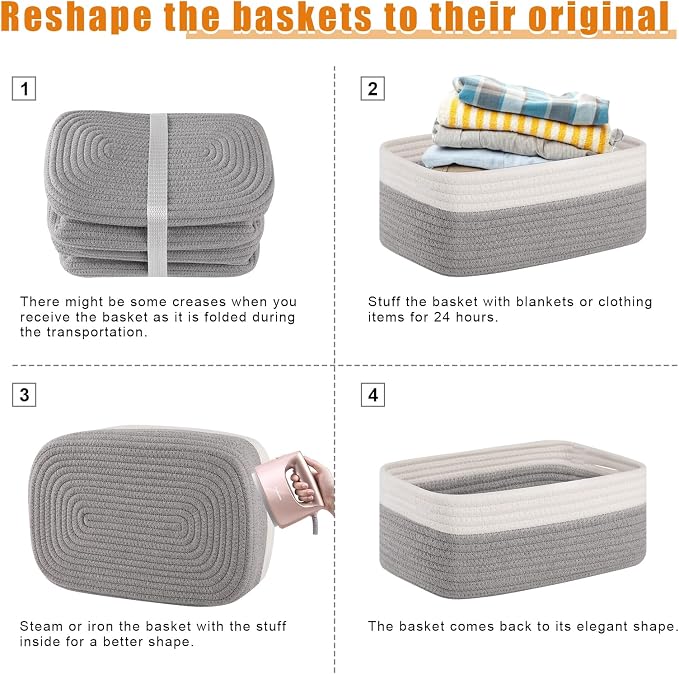 OIAHOMY 4 PACK 7L Storage Baskets for Organizing Storage Bins Grey | Small Bins for Shelves Small Storage Basket Shelf Baskets Organizer Baskets for Gifts Empty Cute Decorative Storage Bins