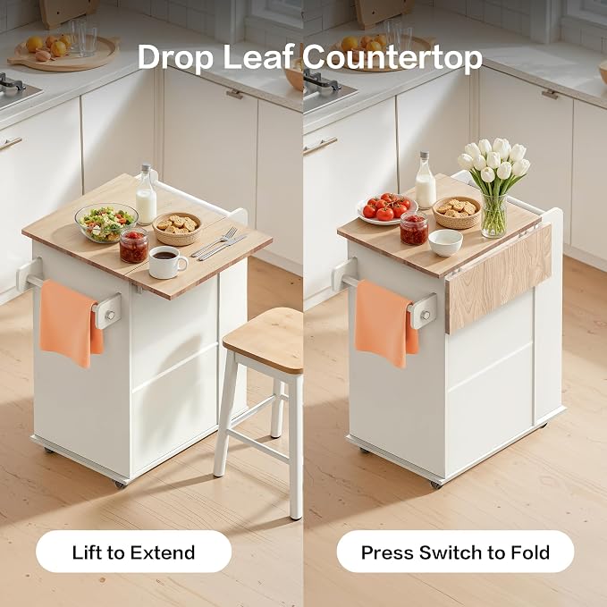 Kitchen Island with Trash Can Storage & Drop Leaf, Portable Kitchen Island on Wheels, Rolling Island Table for Kithchen
