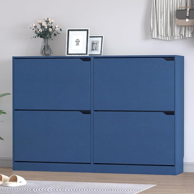 BORNOON Shoe Cabinet with 4 Flip Drawers, Narrow Hidden Shoe Storage Cabinet, Slim Freestanding Shoe Rack Organizer for Entryway, Hallway, Bedroom, Living Room
