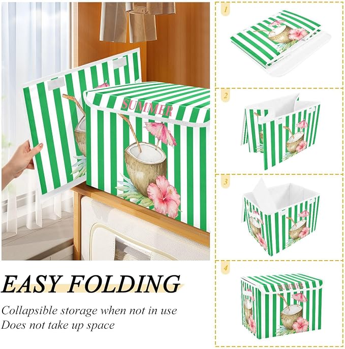Summer Coconut Fabric Storage Bins with Lid Closet Storage Basket 40L | Foldable & Stackable, Flip Top Dust Guard, Reinforced Handles, Home & Bedroom, Clothes & Toys, Hawaii Print Basket