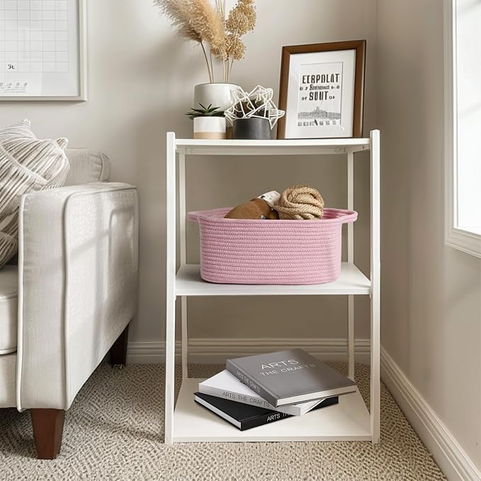 MEGASKET Pink Woven Storage Basket, Cotton Rope Gift Basket Empty, Cute Organizer for Girls, Decorative Baby Nursery Closet Bin, Pink Room Decor, Gift Ready Bin with Handle, Wicker Pet Toy Storage Box