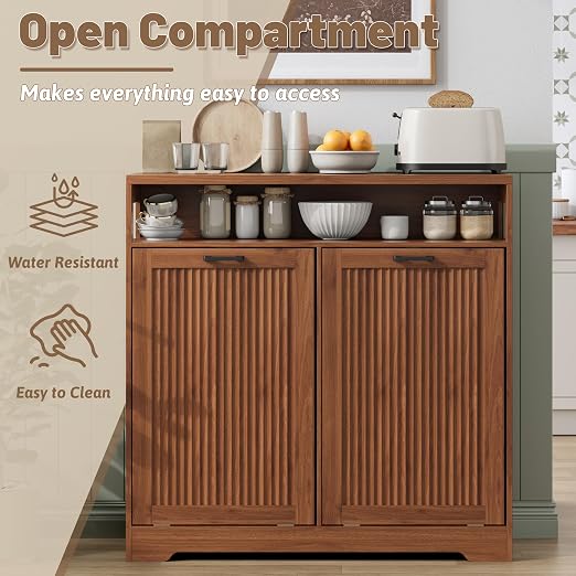 Pet-Proof Double 13 Gallon Tilt Out Trash Can Cabinet with Open Storage – Hide Garbage & Recycling Bins to Keep Your Kitchen Clean and Organized,Walnut
