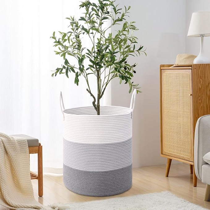 Laundry Hamper for Organizing, 52L Large Laundry Baskets, Cotton Rope Woven Blanket Basket, Collapsible Laundry Hamper for Living Room, Nursery, 15"×18", Gray
