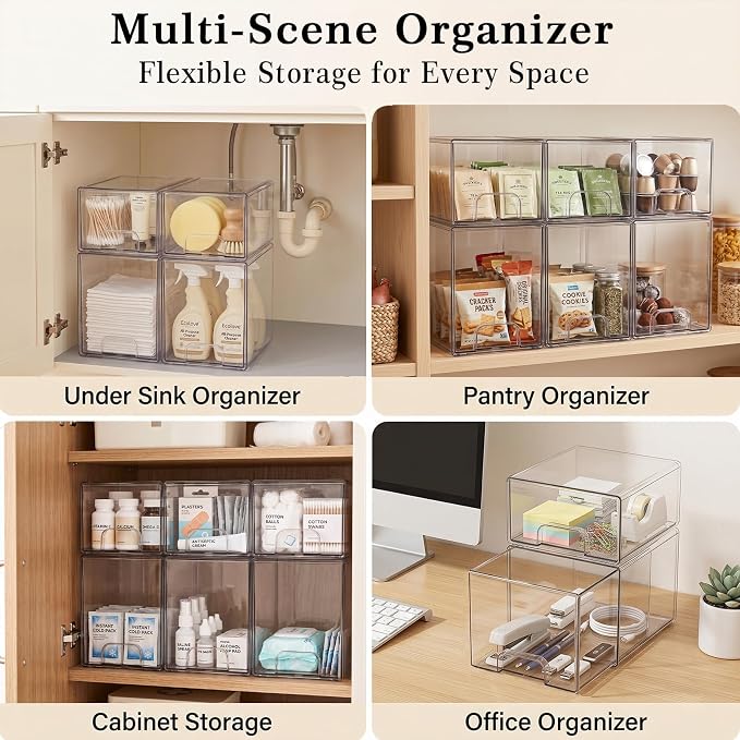 Clear Stackable Storage Drawers: Acrylic Organizer Bins 8 Pack | for Baby Bottle makeup Ideal for Countertop, Vanity, Station, Bathroom, Kichen Cabinet Pantry Organization