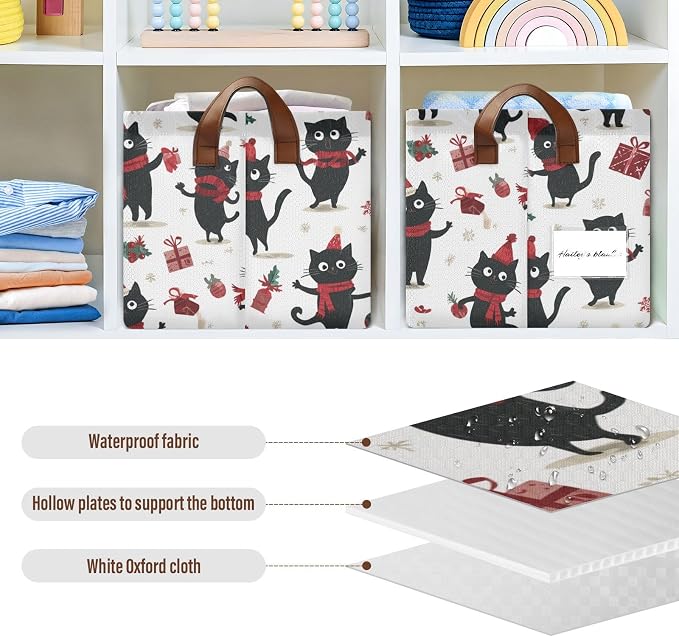 Christmas Cartoon Black Cat Storage Basket Foldable Cube Storage Bins with Handles&Label Waterproof Collapsible Organizer Box Bin Large Rectangle Decorative Baskets for Shelves Home Room Laundry-2 PC