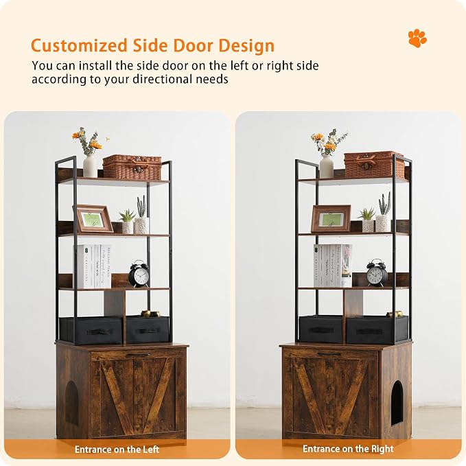 Dwanton Cat Litter Box Enclosure, 3 Storage Shelves and 2 Drawers, 61.8" H | 2-in-1 Hidden Cat Litter Box Enclosure Furniture with Shelf, Metal Frame, Reversible Entrance, Washable Drawers, Rustic Brown