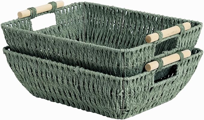 StorageWorks Large Wicker Basket, Woven Basket for Shelves, Bosana Green | Wicker Storage Baskets for Shelves, Baskets with Wooden Handles, 2-Pack Gifts Basket for Home Decor, Hand-Woven Basket