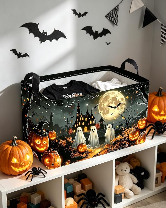 Essme Rectangular Halloween Basket,Kids Storage Bins Organizer with Handles for Ghost Room Decor, Gift Basket,Shelf Basket.(Dream Halloween)