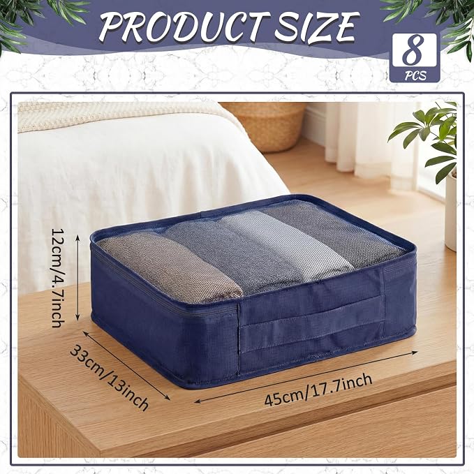 Silkfly 8 Pcs XL Packing Cube for Travel Luggage,Simple,Navy Blue | 17.7 x 13 x 4.7, Same Size, Navy Blue Suitcase Storage Organizer Set, Reusable Mesh Clothes Cube for Hiking Camp Family