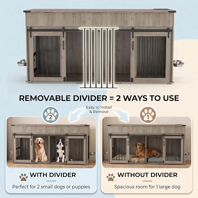 71'' Double Dog Crate Furniture, XXL Wooden Kennel with 360° Rotating Feeders, Removable Divider, Charging Station, TV Stand, Gray Oak